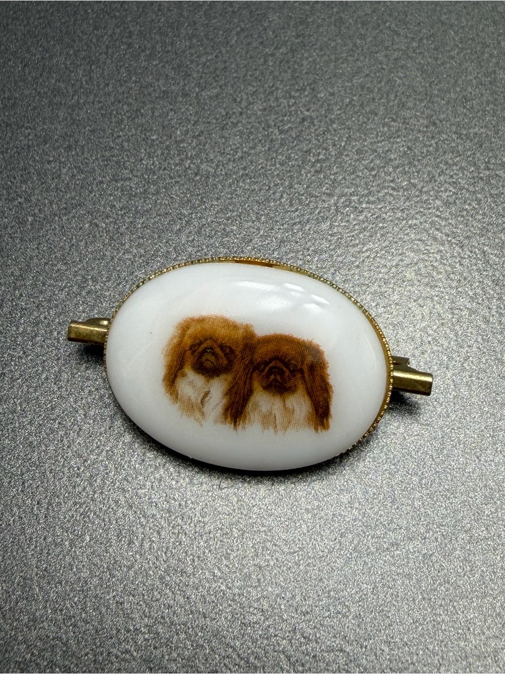 💕2/$20 Porcelain Pekingese Dog Oval Brooch in White and Brown